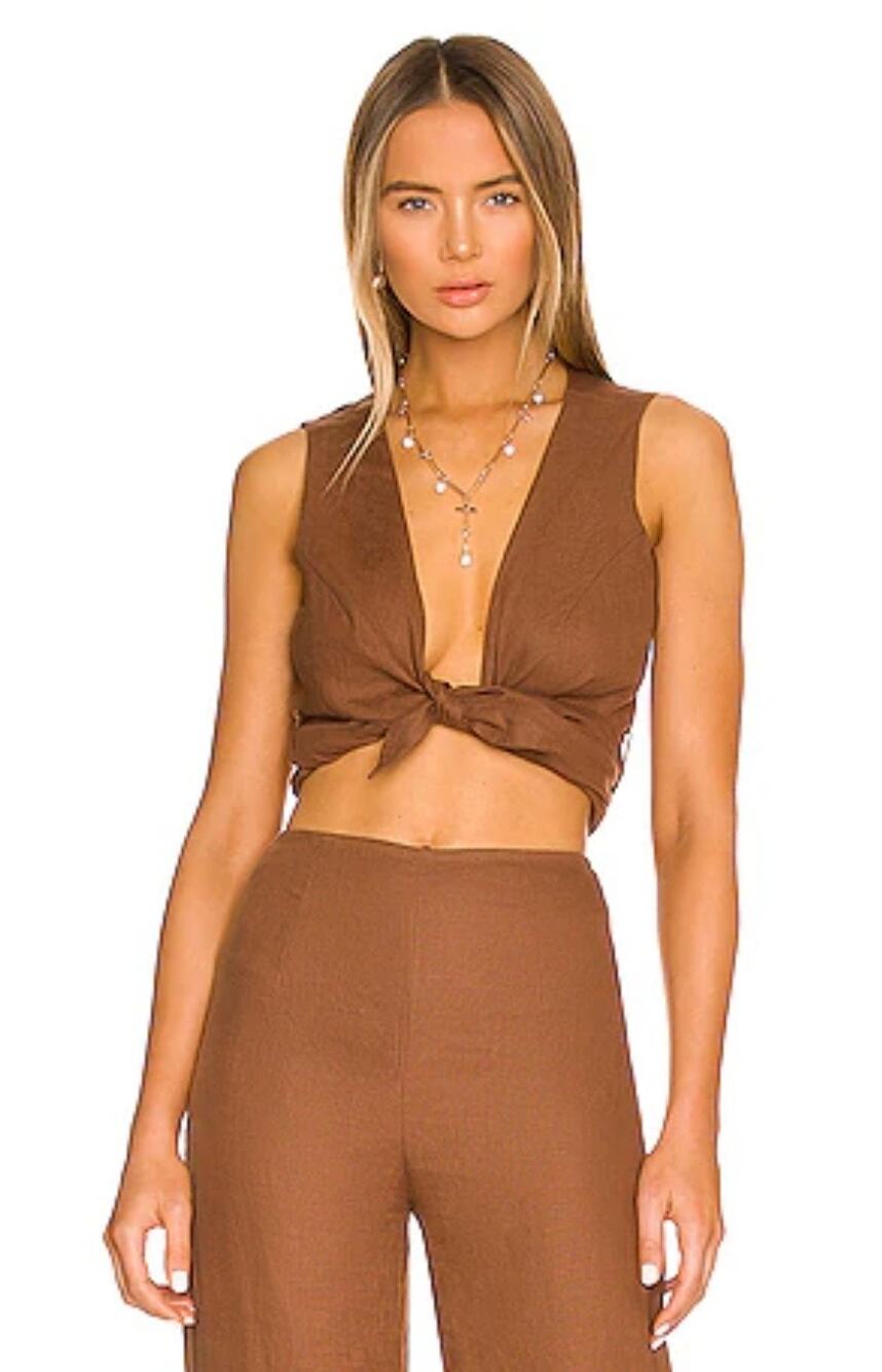 $149 NEW Faithfull the Brand Brown 100% Linen Desitha Wrap Top Boho- Size 4